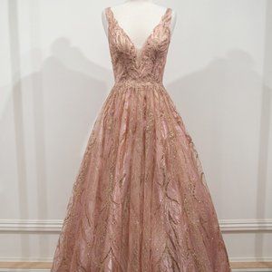Rose Gold FLORAL GLITTER PRINT EVENING A-LINE DRESS LONG BALL GOWN JCD812